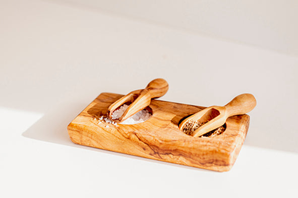 Duo de Sel & Poivre avec 2 Cuillères – Bois d’Olivier Naturel